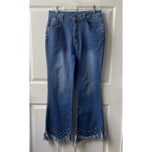 Unbranded Wide Leg Jeans Pearls Womens Plus 1x Medium Blue Festival Fringe Boho